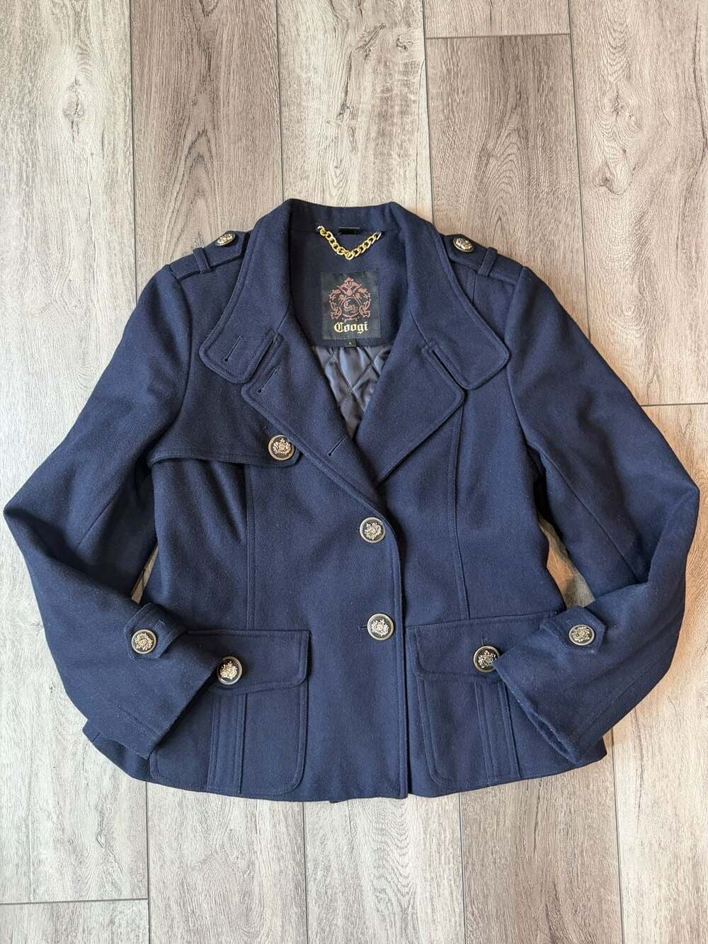 Coogi Wool Blend Peacoat Size L Navy Blue Double Breasted Jacket
